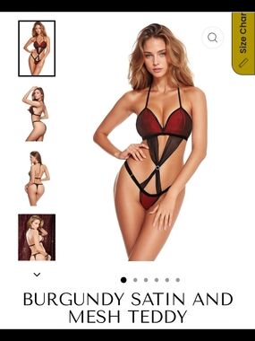 Burgundy Satin & Black Mesh Strappy Teddy
